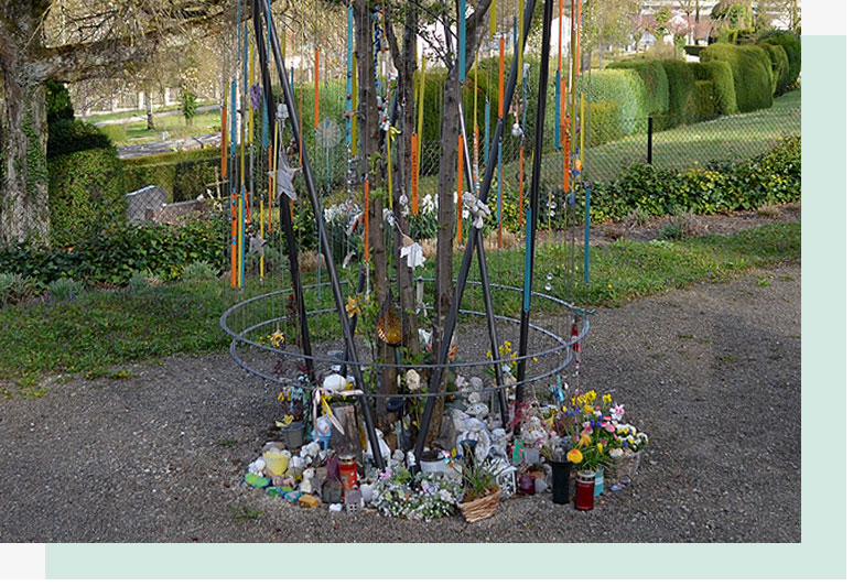 Gedenkbaum für Sternenkinder auf einem Friedhof, geschmückt mit farbigen Bändern, Blumen und kleinen Erinnerungsstücken